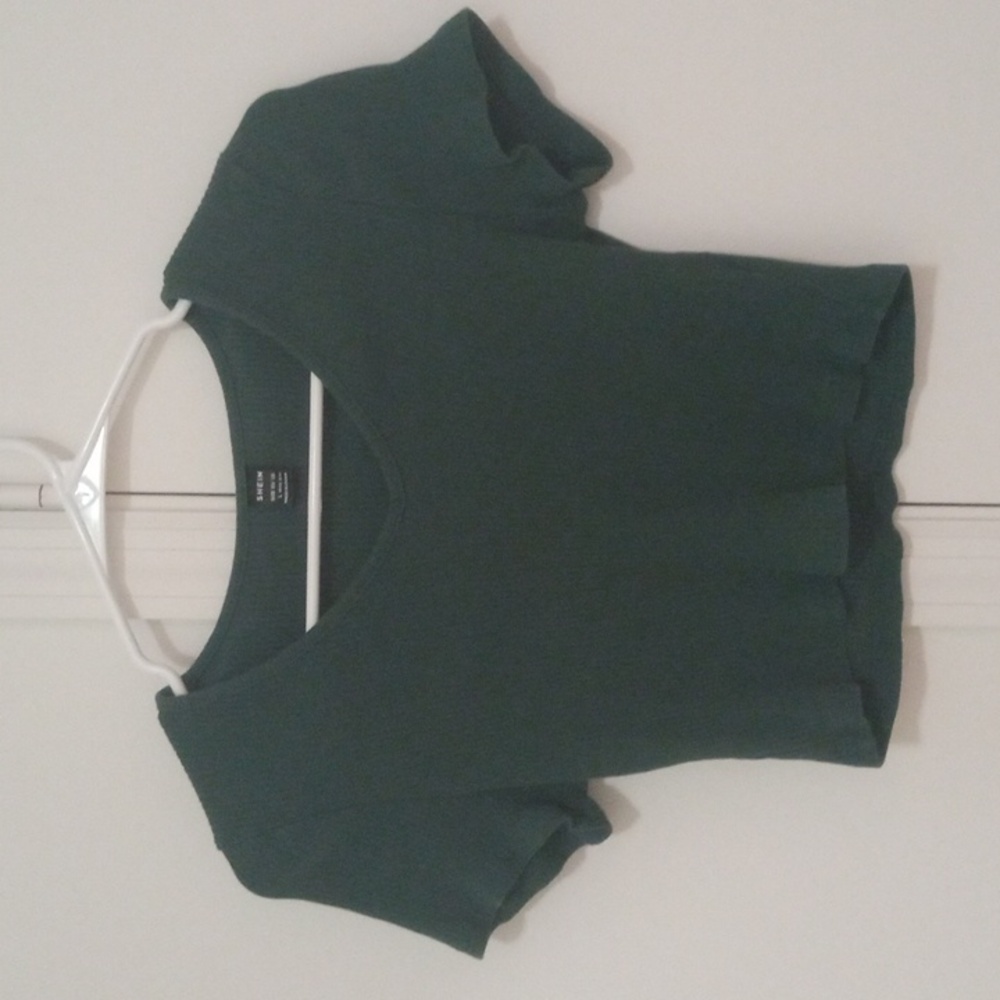 Ribbed short sleeve V neck, green, crop top, size large.